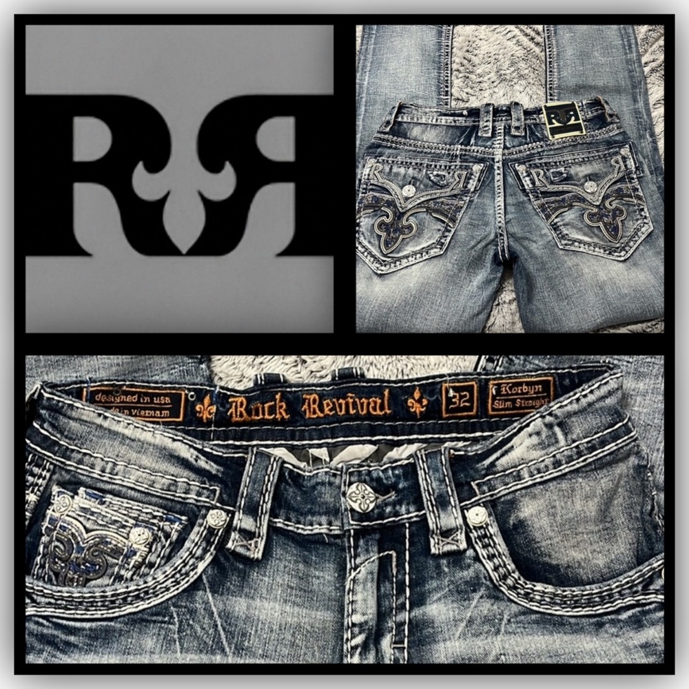 Rock Revival Blue Slim Jeans with Distressed Details